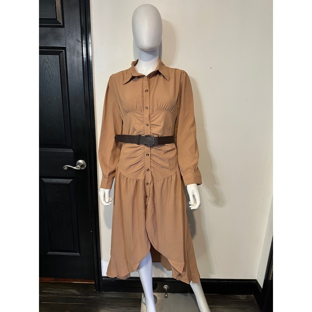 FME Tan Ruched Button Down High Low Midi Shirt Dress with Belt Brown Medium